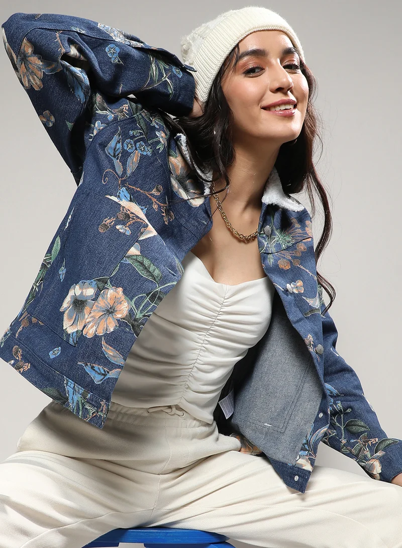 Campus Sutra Women's Blue Botanical Denim Jacket For Casual Wear | Spread Collar | Long Sleeve | Button Closure | Jacket Crafted With Comfort Fit For Everyday Wear